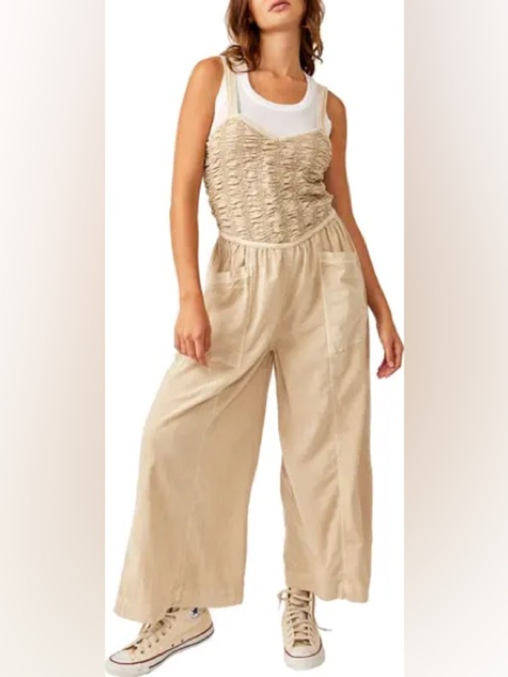 Free People Beige Smocked Back-Tie Wide-Leg Jumpsuit size XL nwot